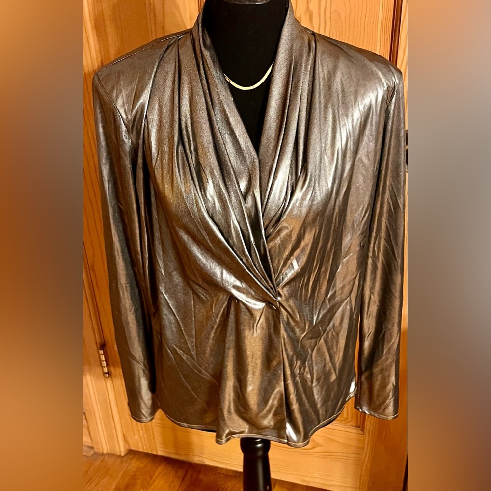 Anna Kriste VTG 80s Metallic Draped Wrap Top Silver Gunmetal Lame Disco Blouse 6